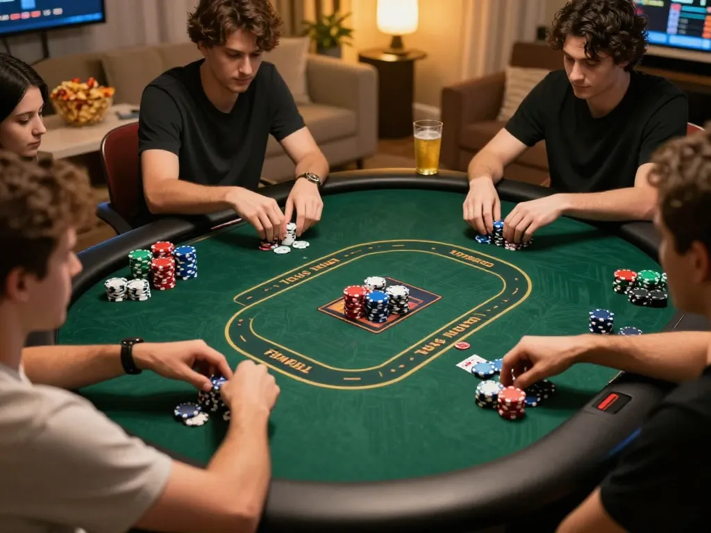 Engaged players strategizing during a live poker game on QE8's platform, showcasing competitive atmosphere.