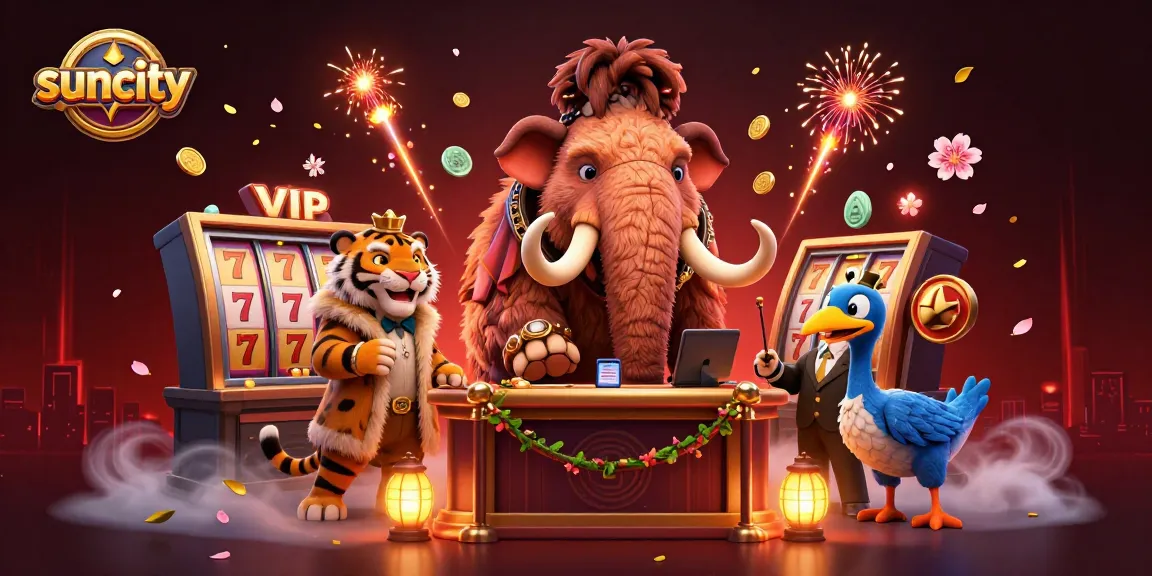 Experience the vibrant energy of suncity casino with colorful graphics, characters, and festive elements.