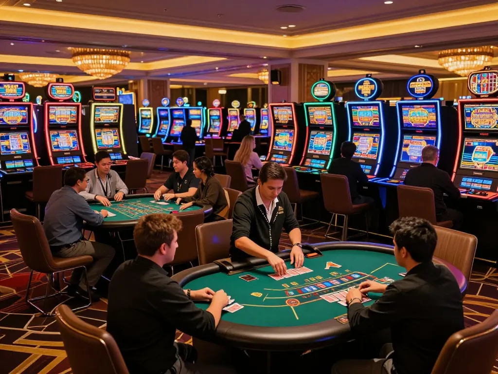 Players enjoying blackjack at an upscale casino floor, showcasing tg88's vibrant gameplay atmosphere.