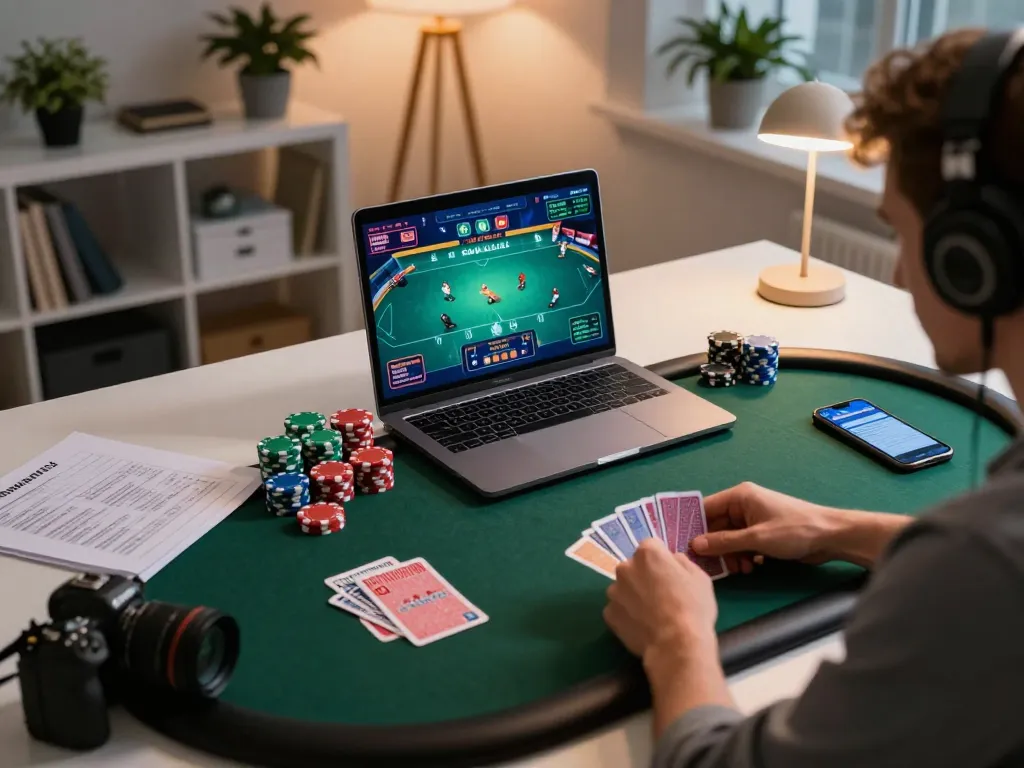 68win online poker action with player analyzing cards and betting strategy in a modern home office