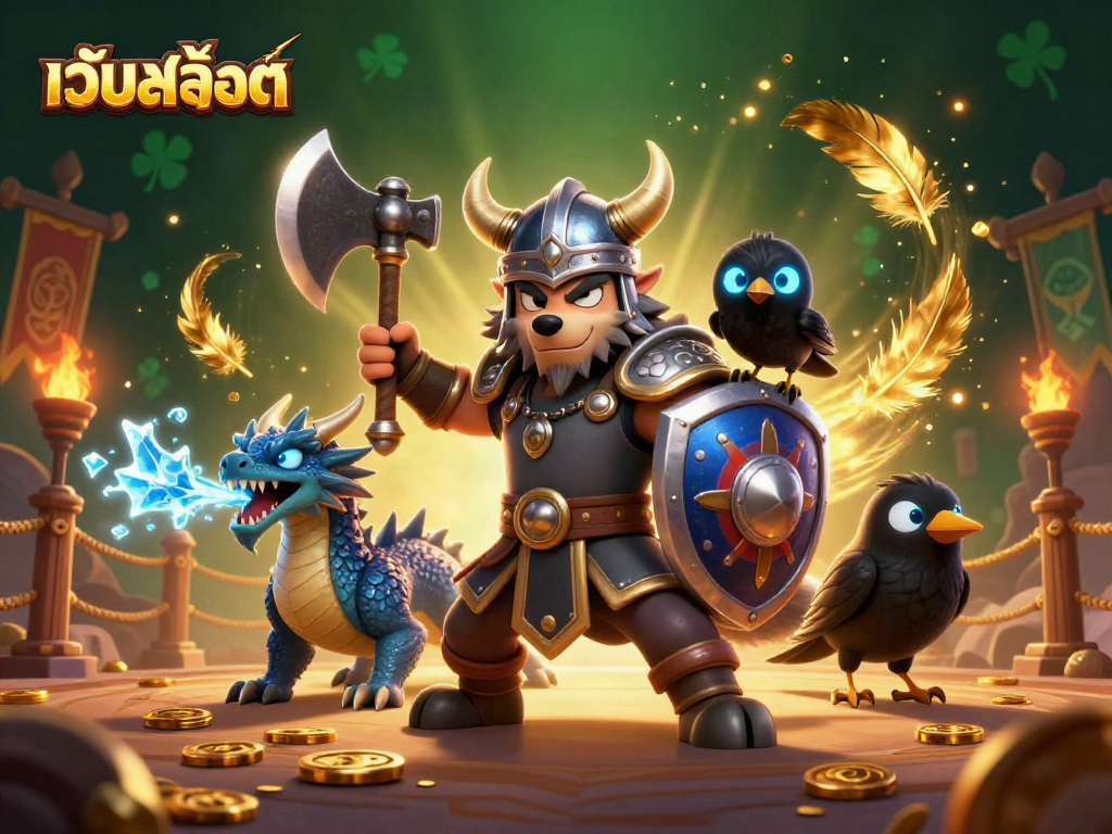 Experience เว็บสล็อต action with a Viking wolf warrior, fierce dragon, and dynamic casino elements in 3D.