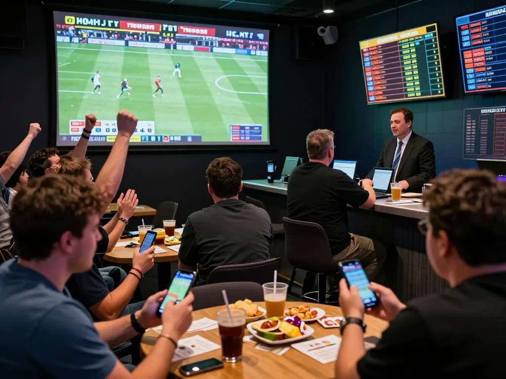 Fans placing bets on Okwintv during a live sports event, showcasing the excitement of sports betting.