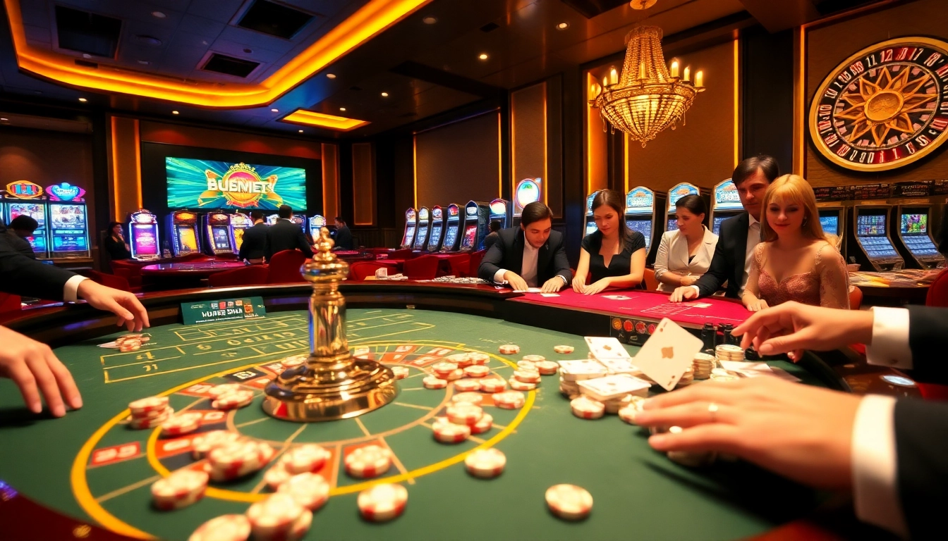 Experience the thrill of gaming at https://du88i.com/ with vibrant roulette tables and excited players.