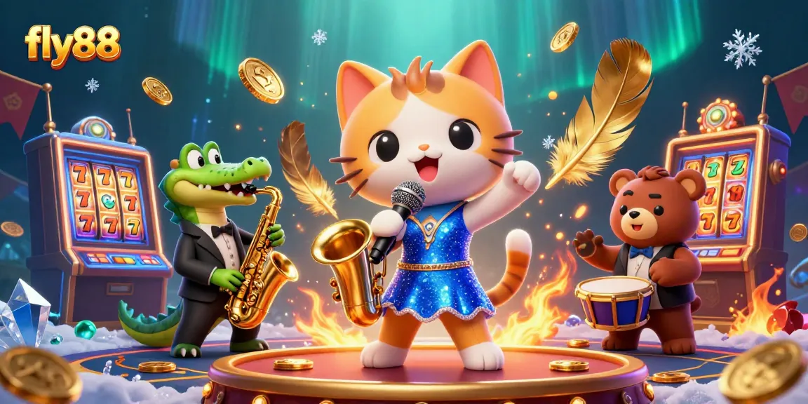 Experience excitement with fly88 as a jazz-singer cat performs on a casino stage surrounded by dazzling elements.