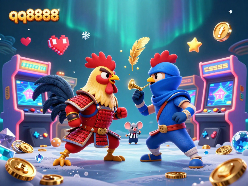Engage in thrilling gameplay with qq8888's dynamic fighting rooster showdown, showcasing vibrant 3D elements.