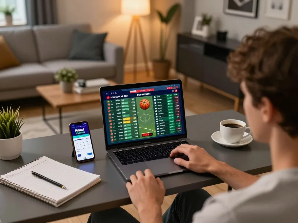 Kebet sports betting scene with a user engaging on a laptop, showcasing live odds and a cozy atmosphere.