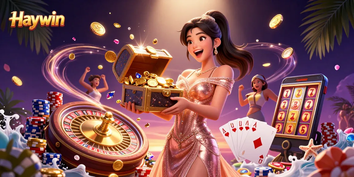 Win big with Haywin's vibrant casino experience featuring treasure, poker chips, and excitement.