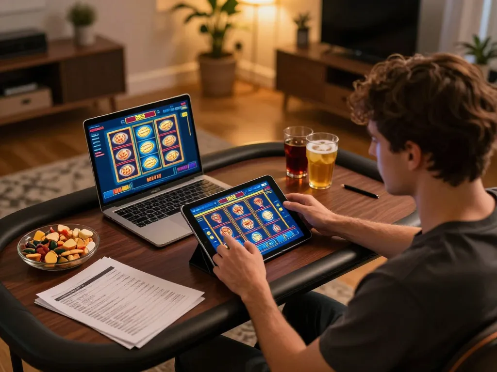 Play slots on Ok9 with a stylish home gaming setup, snacks nearby for an enjoyable experience