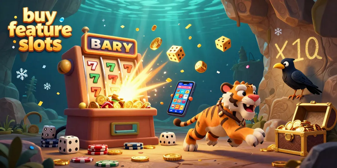Buy feature slots with immersive prehistoric casino scene featuring vibrant characters and dynamic game elements.