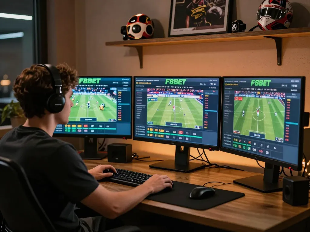 Gambling enthusiast placing live bets on F8BET during a thrilling sports event.