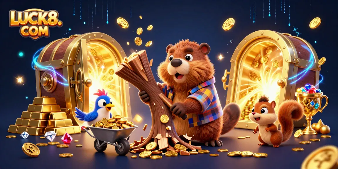 Engage in thrilling gaming at LUCK8. COM with vibrant illustrations of a coin-filled casino scene.