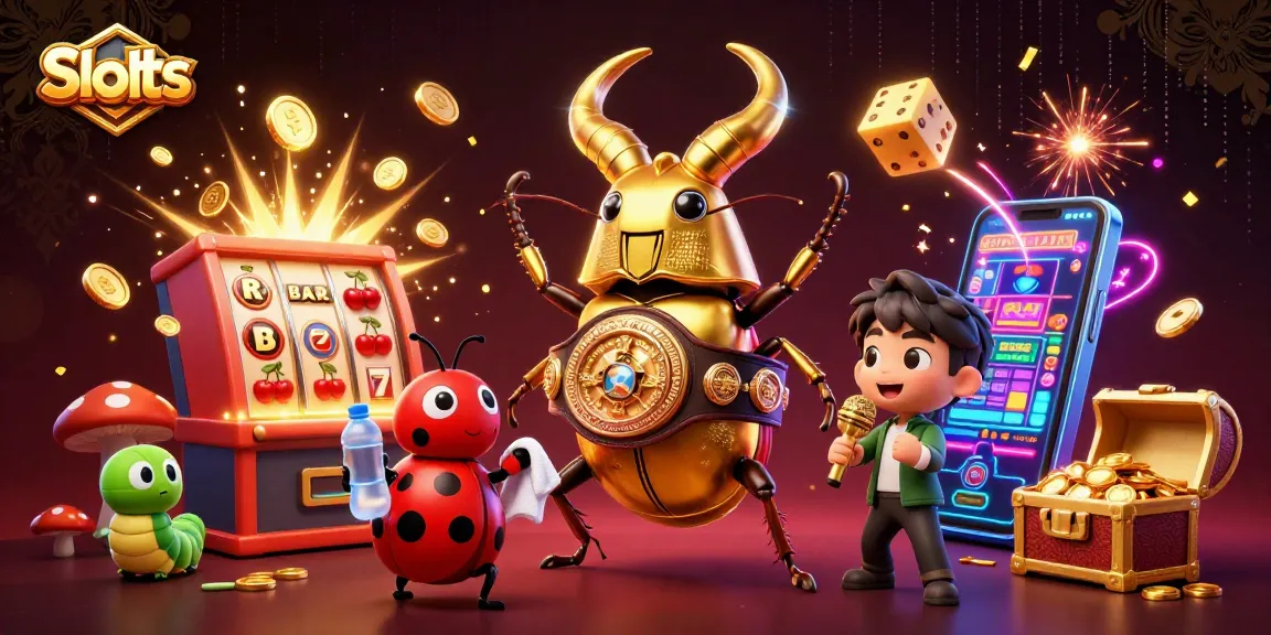 Engage with dynamic Slots action featuring a 3D golden stag beetle champion amidst a jackpot explosion.