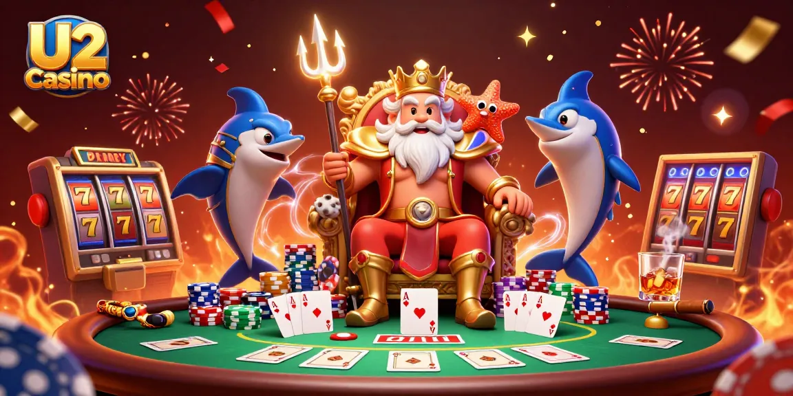 Experience vibrant gaming excitement at U2 Casino with cartoon sea king Neptune and poker elements.