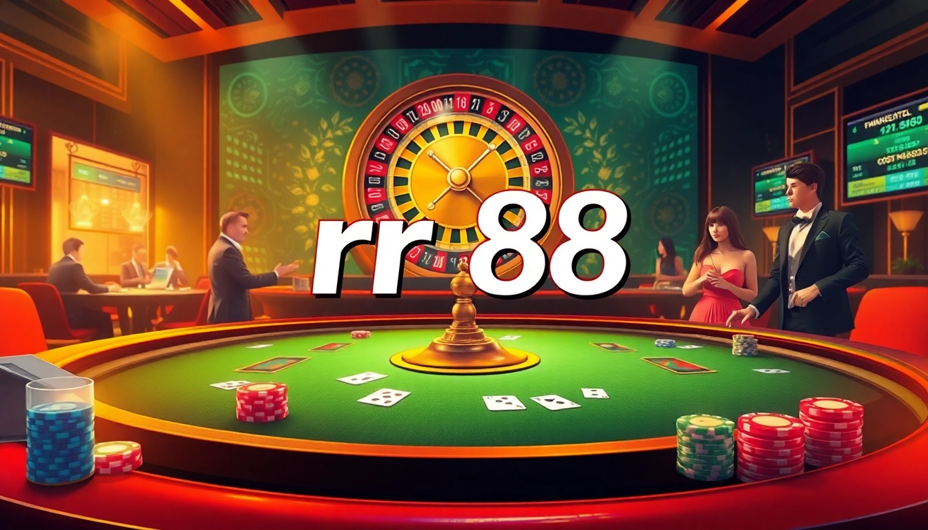 Experience the excitement of rr 88 with players at a luxurious casino gaming table surrounded by chips and cards.