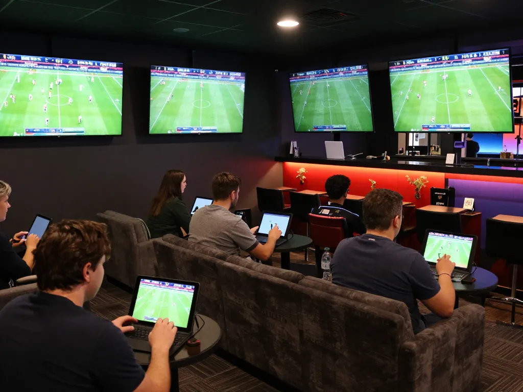 KQBD live sports betting lounge filled with enthusiastic bettors analyzing odds on screens