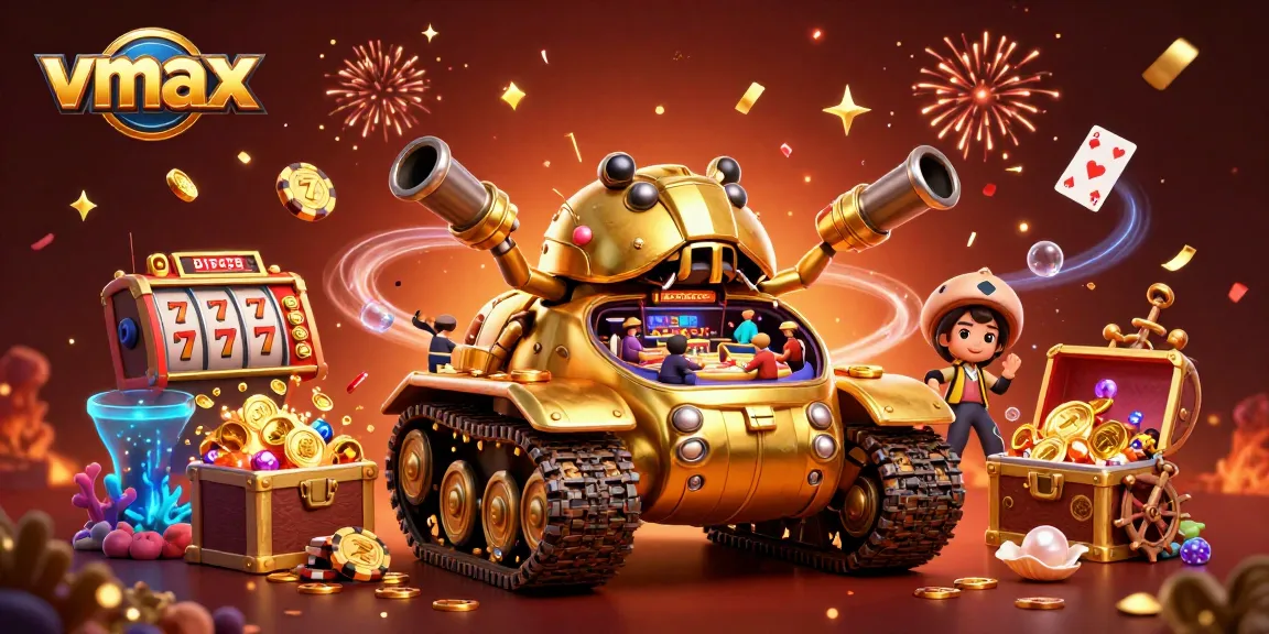 Experience thrilling gaming action at vmax with a vibrant casino within a golden beetle tank.
