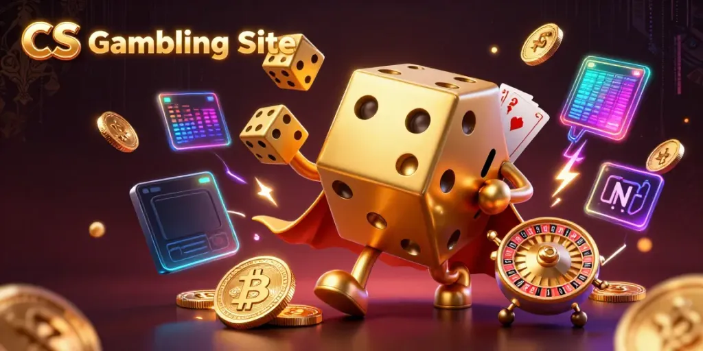 CS Gambling Site showcasing a dynamic scene with golden dice golem juggling coins and digital effects.