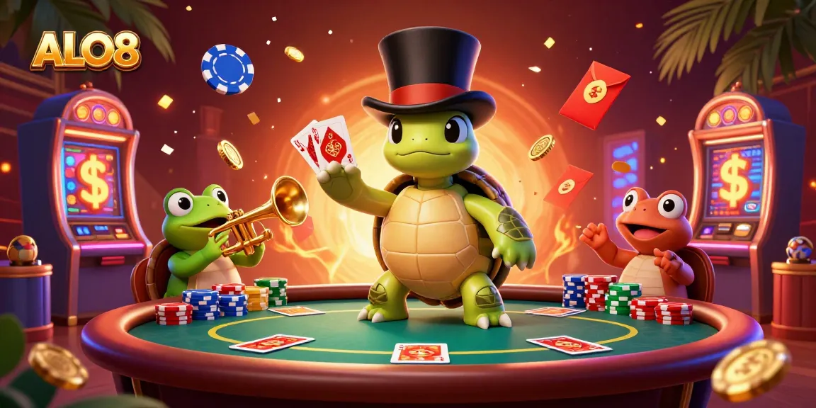 Engage with the thrilling world of ALO8 as a turtle plays poker amidst glittering casino elements.
