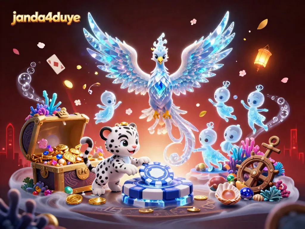Permainan kasino janda4duye dengan phoenix es berkilau dan chip poker yang menarik perhatian.