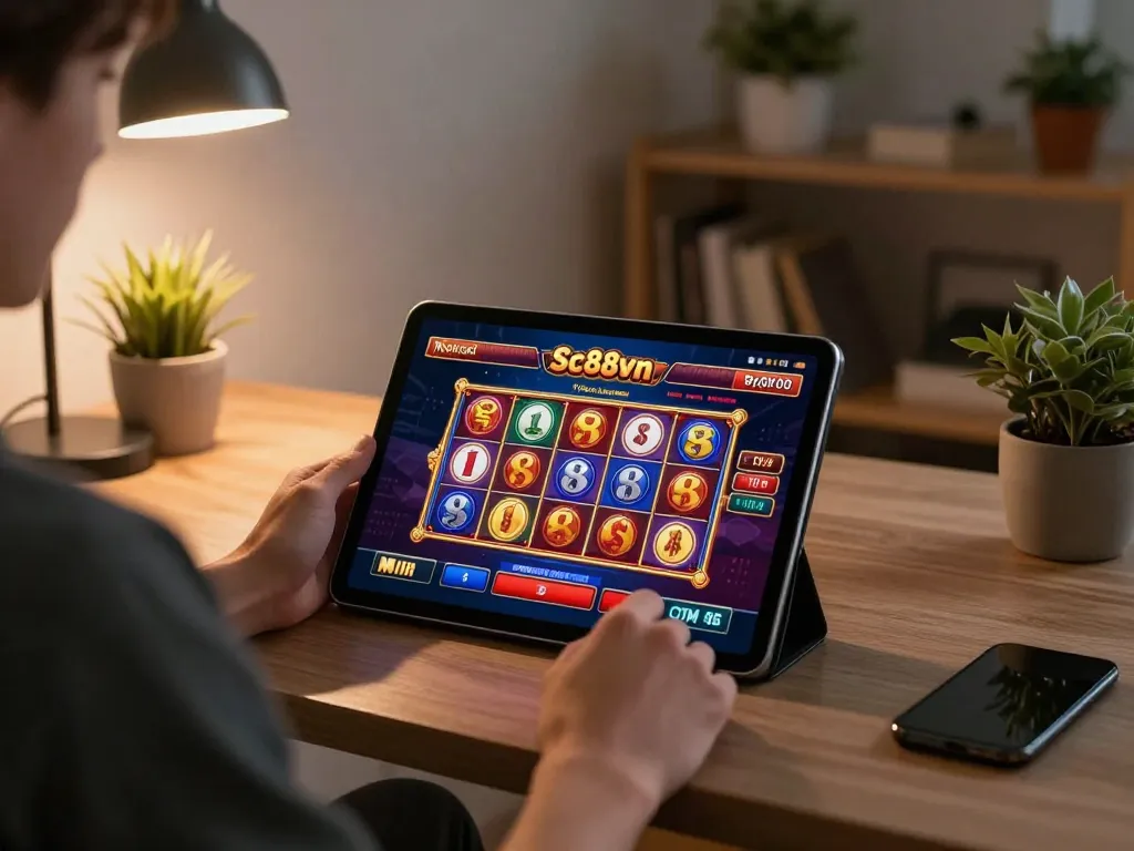 Engaging in online gaming on sc88vn, showing tablet screen with exciting slot machine action in a cozy home setting