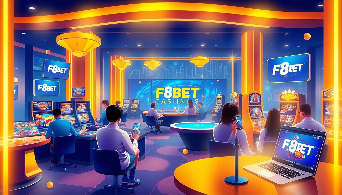 F8BET online casino experience showcasing players on different devices at https://f8beta2.support/ with vibrant gaming atmosphere.