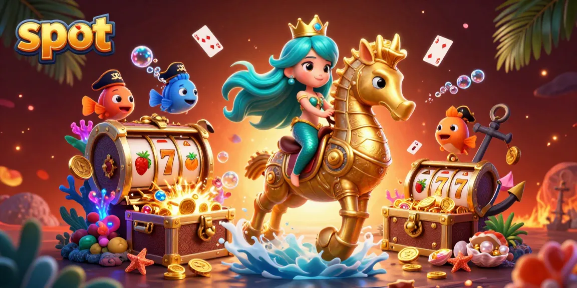 Spin vibrant slot adventures with a cartoon mermaid and a giant seahorse in an underwater treasure scene.