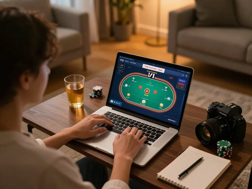 Engaged player strategizing over online poker game on Rikvip platform in cozy home setting.