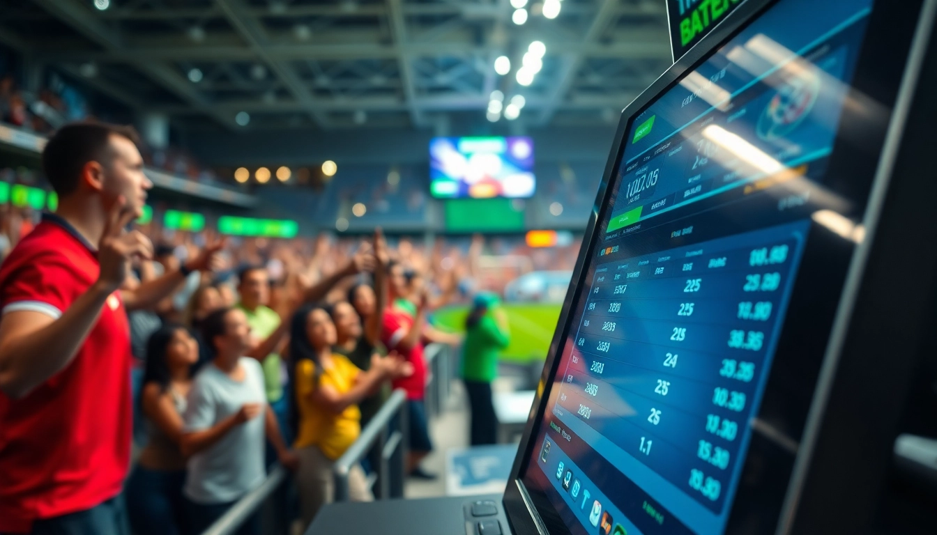 Engage in Sports Betting with a lively terminal displaying odds amidst an energetic crowd.