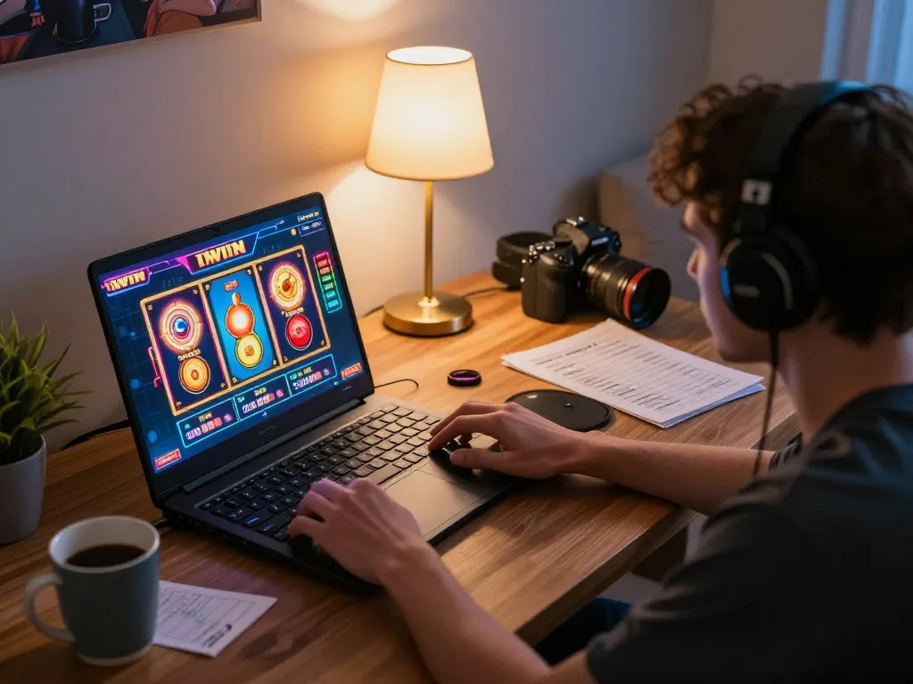 IWIN gaming experience at home with vibrant laptop action and strategy notes