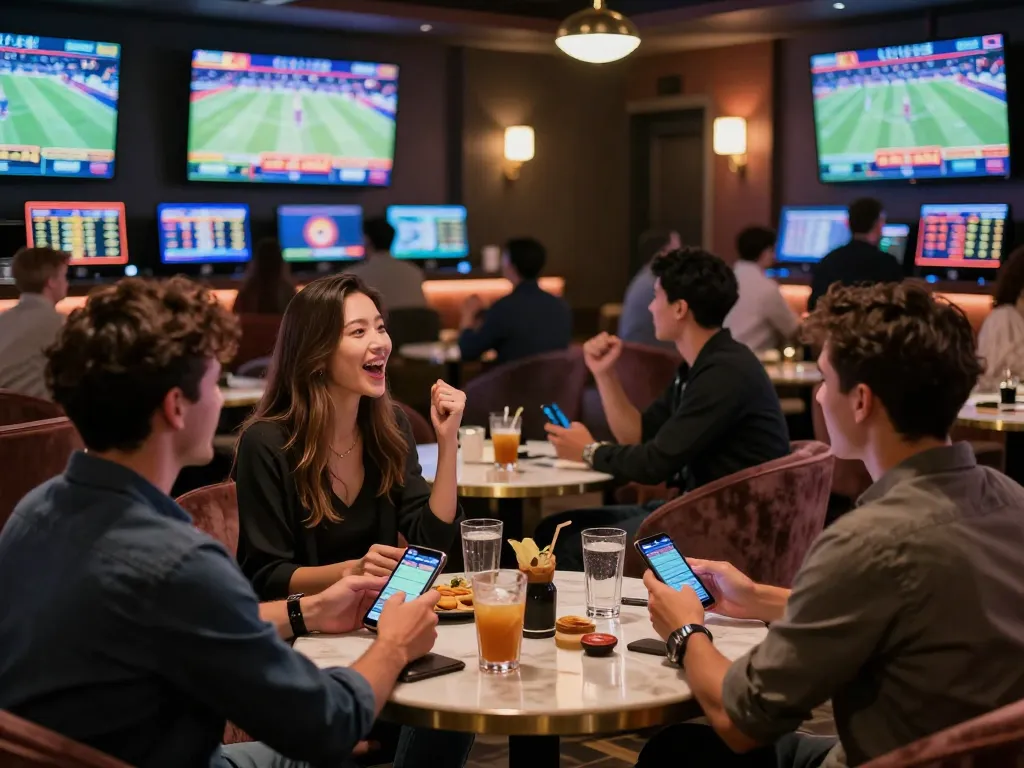 Engaged bettors using fabet app in a lively sports lounge during an event.
