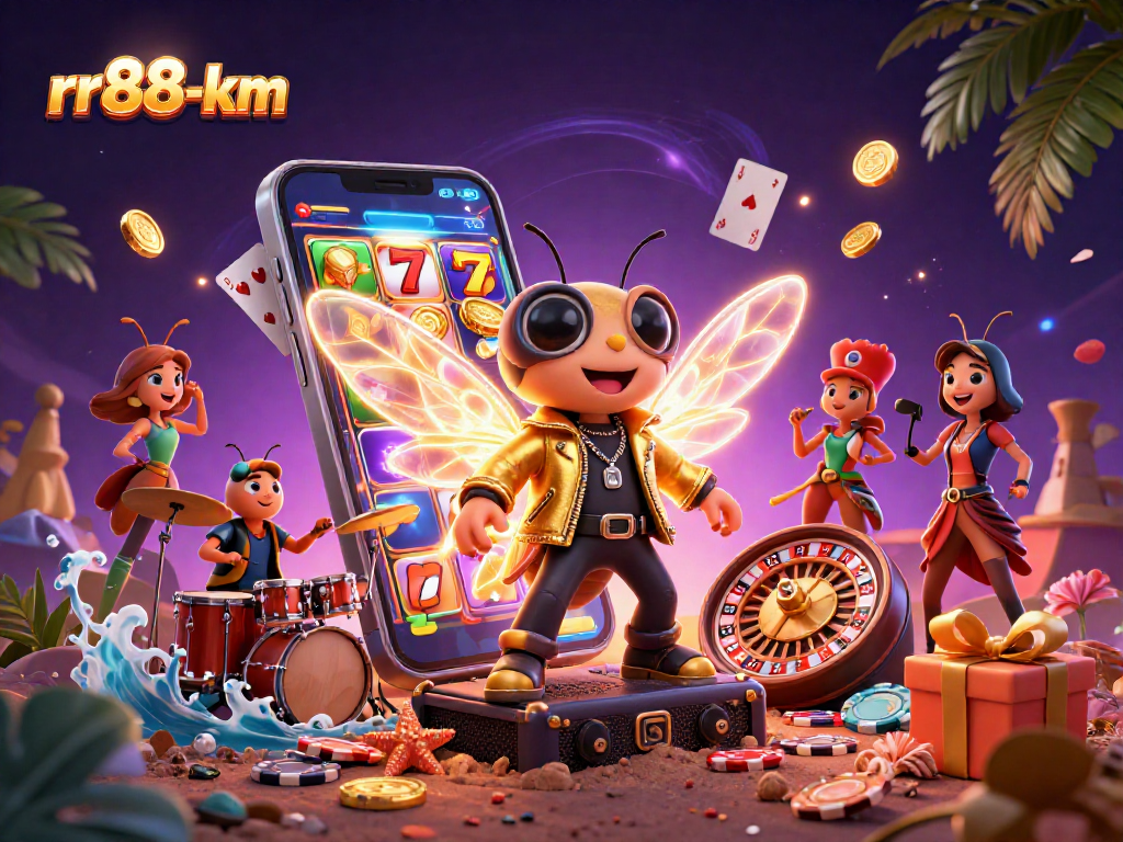 Engage with rr88-km in a vibrant, ultramodern 3D casino scene featuring animated gaming icons.