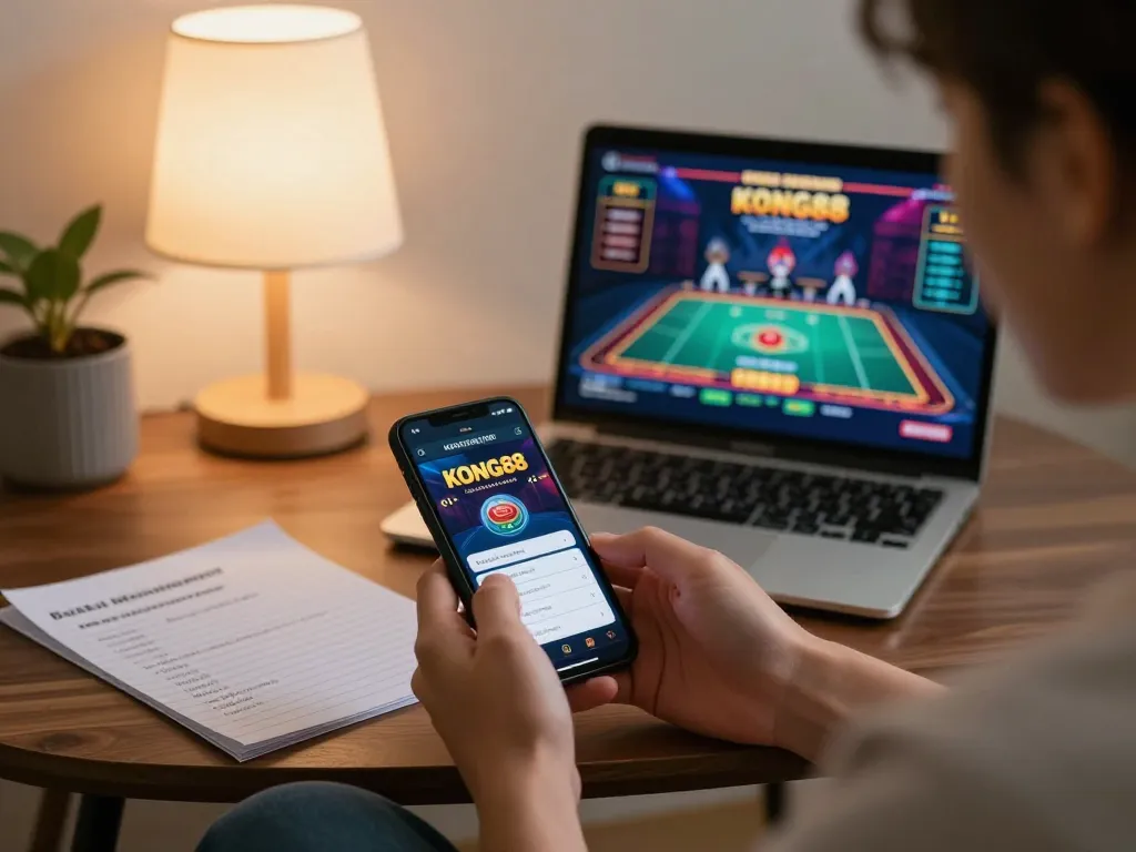 KONG88 player engaging with casino app on smartphone during cozy home gaming session