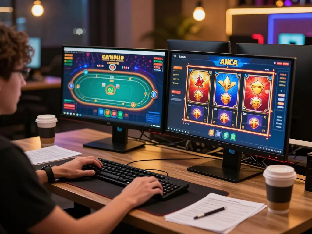 vin88 player engaging with live dealer casino games and poker strategies in a modern gaming setup