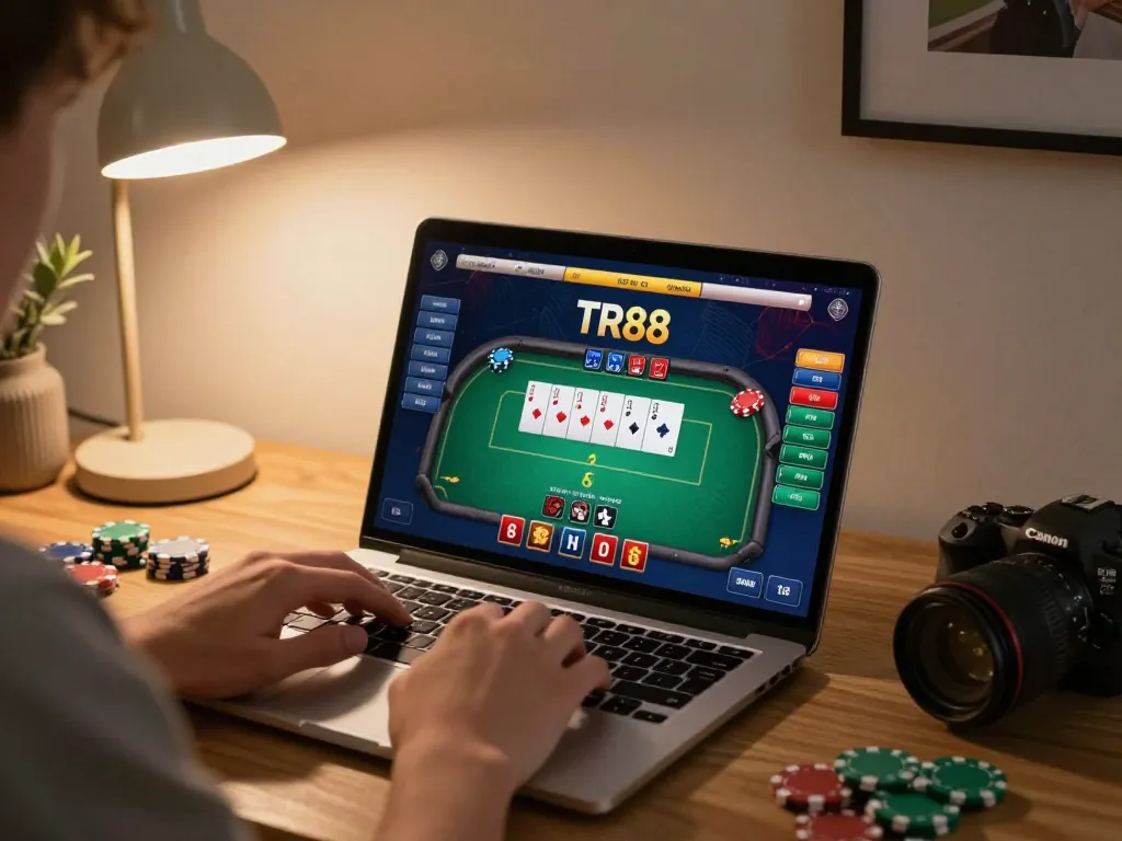 Engaging poker gameplay at home using TR88 interface on laptop, cozy ambiance.