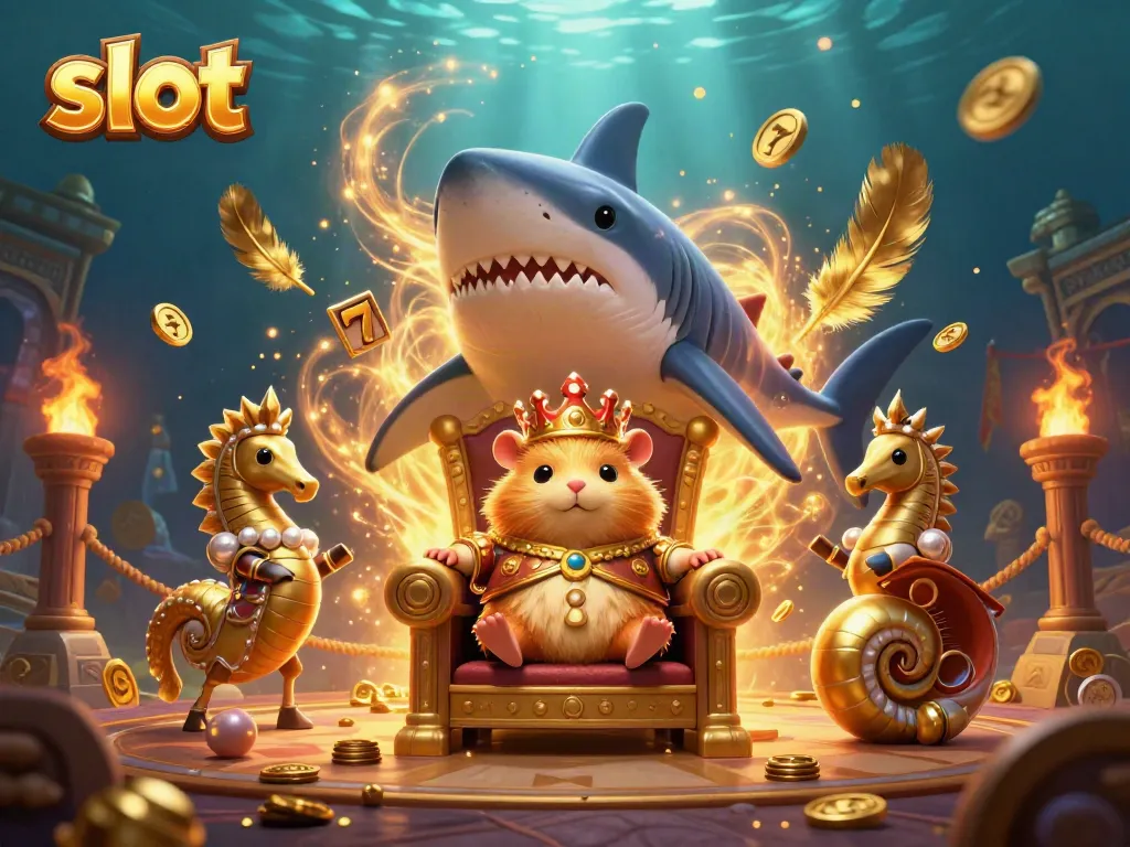 Spin the slot reels with a fierce hamster king amid a vibrant underwater casino scene.