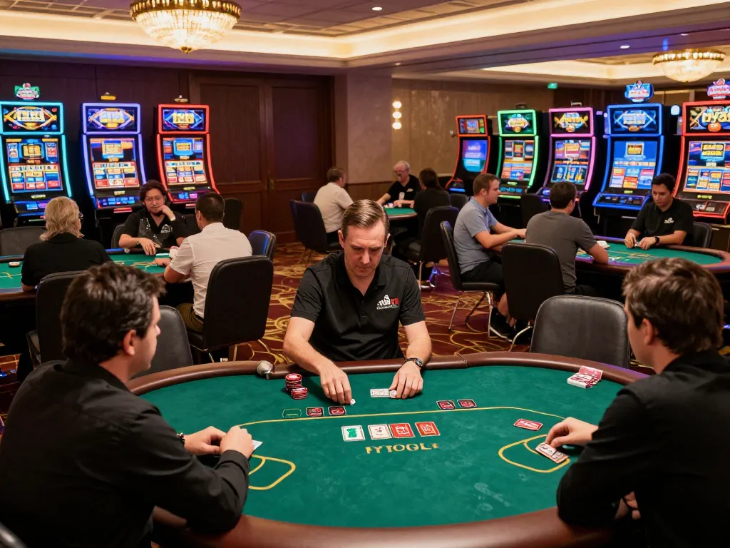 fly88 players enjoying an exciting poker game at a vibrant casino.