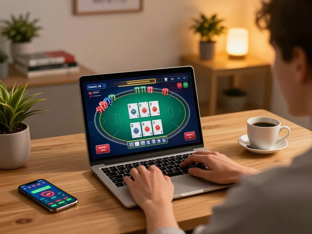 Engaged player using 123B casino app on laptop for online poker game.