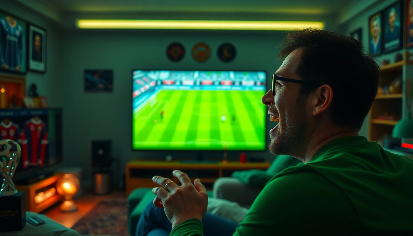 Xem Bóng Socolive live football match with excited fan in cozy setting