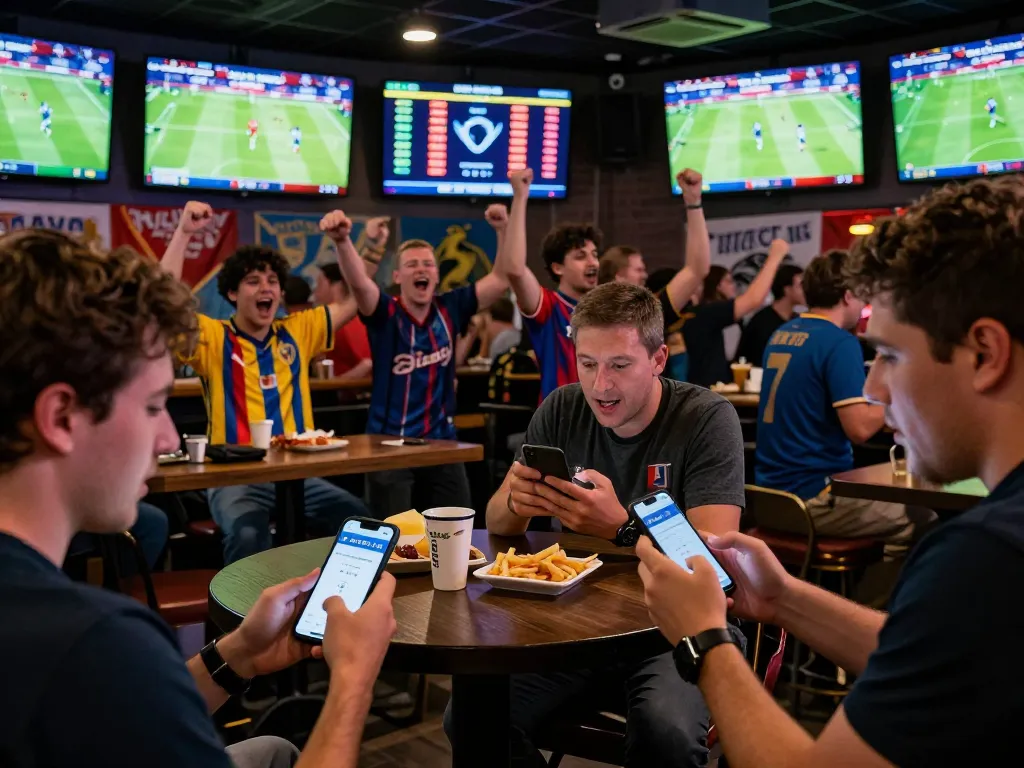 Excited bettors using mb66ac app in a lively sports bar during game day, surrounded by cheering fans and screens.