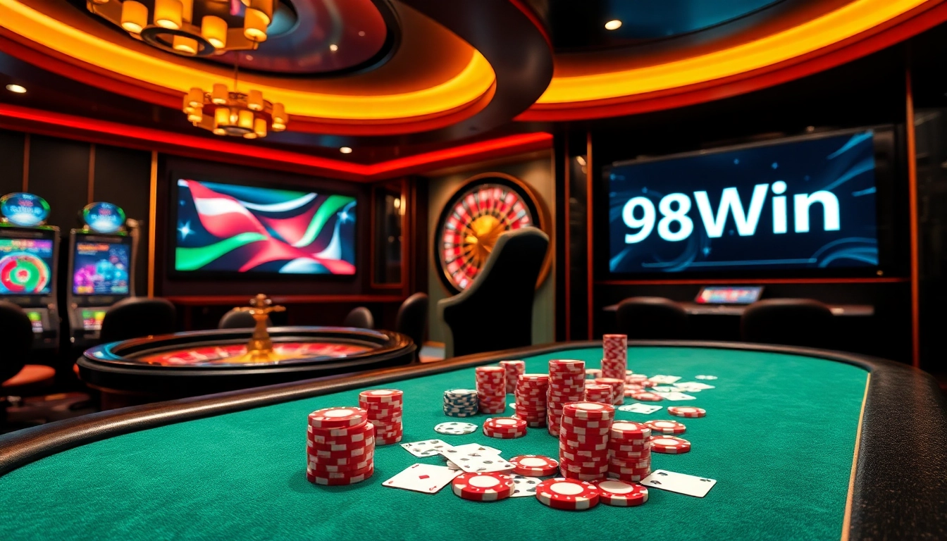 Play thrilling casino games at 98Win, featuring an elegant poker table and vibrant gaming atmosphere.