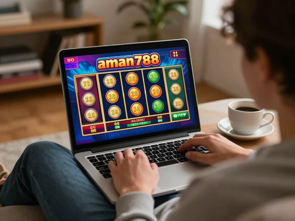 Seorang pemain terlibat dalam aman788 slot online di rumah, menikmati suasana nyaman dengan laptop dan cangkir kopi