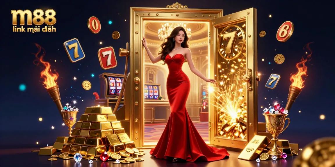 Trải nghiệm cảm giác hồi hộp với m88 link mới nhất khi một người phụ nữ quyến rũ thể hiện sự sang trọng của một casino.