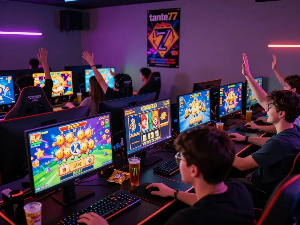 Players enjoying tante77 online gaming with colorful slot graphics and winning moments.