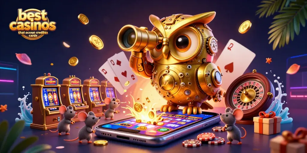 Engage with the best casinos that accept credit cards featuring fun mice and a golden owl on a vibrant casino floor.