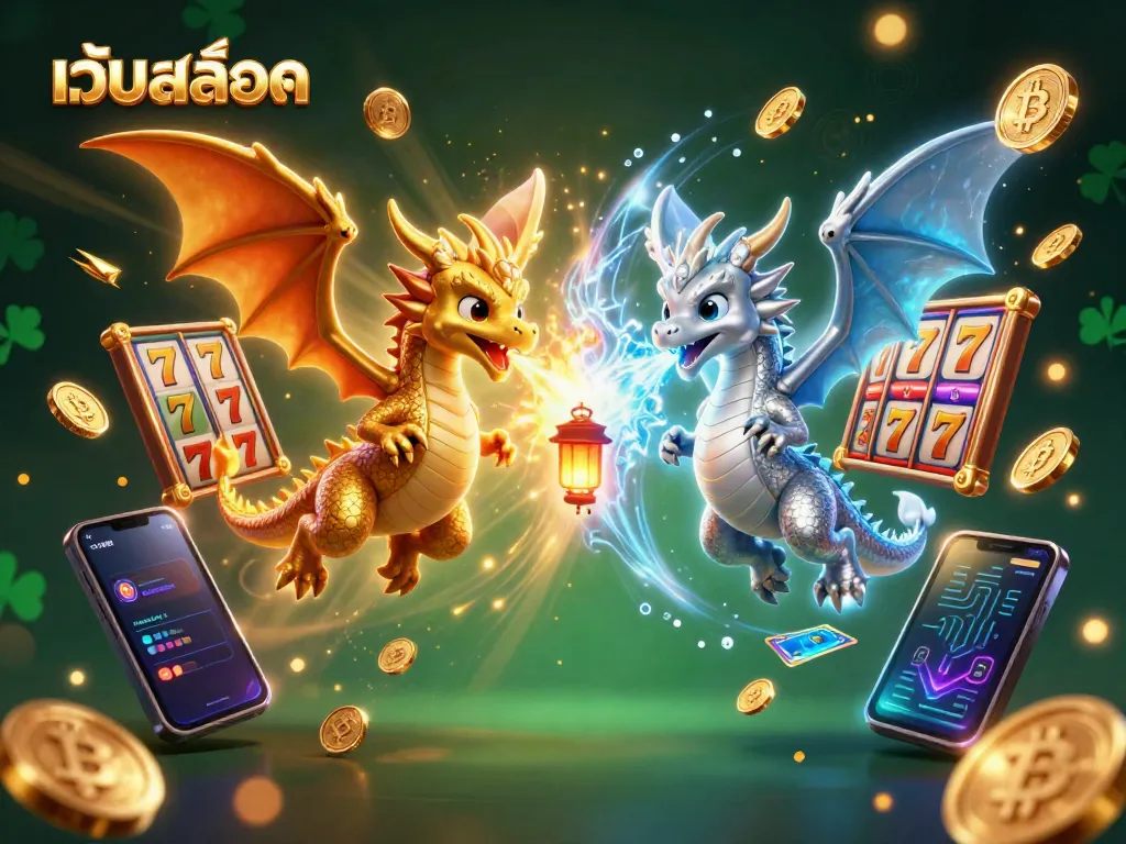เล่นเกมสล็อตออนไลน์ เว็บสล็อต โดยมีมังกรสีทองและสีเงินบินอยู่ในฉาก