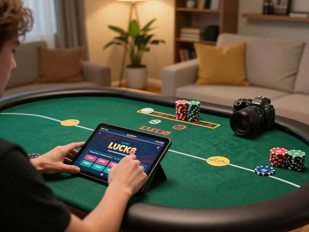 Person gaming online with link LUCK8 on tablet, showcasing a poker interface in a cozy home setting.