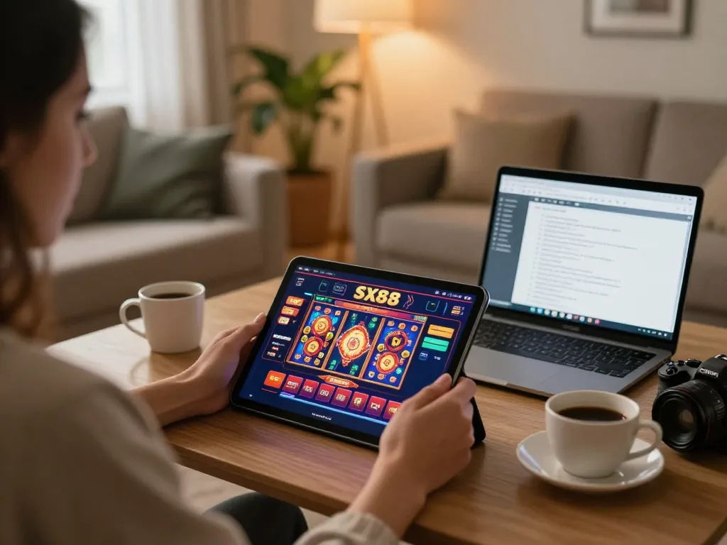 SX88 online casino gameplay on a tablet in a cozy setting, showcasing strategic betting.