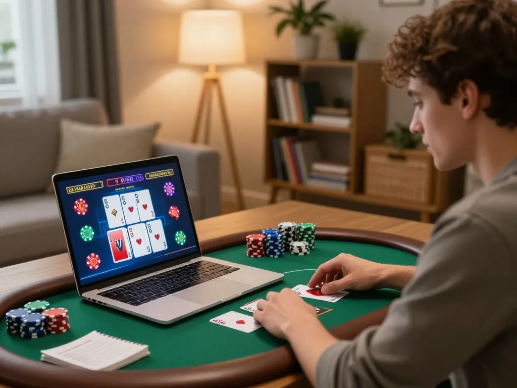 Engaging in live poker gameplay at home with trang chủ ok365 on the laptop, highlighting a cozy atmosphere