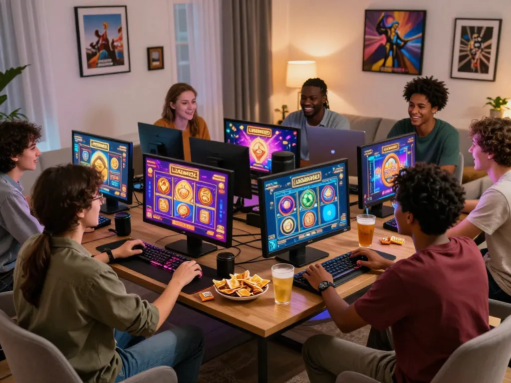 Teman-teman menikmati permainan slot online laoban188 di sebuah rumah yang ramai.