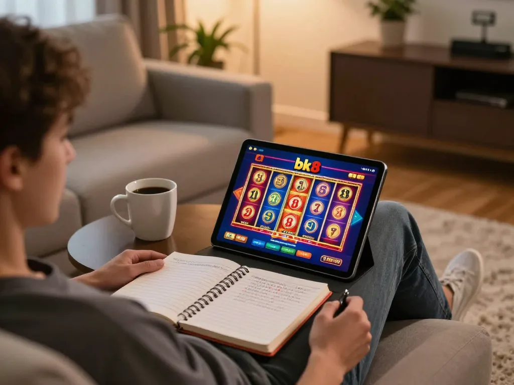 Person enjoying bk8's online casino on a tablet, showcasing vibrant slot games.
